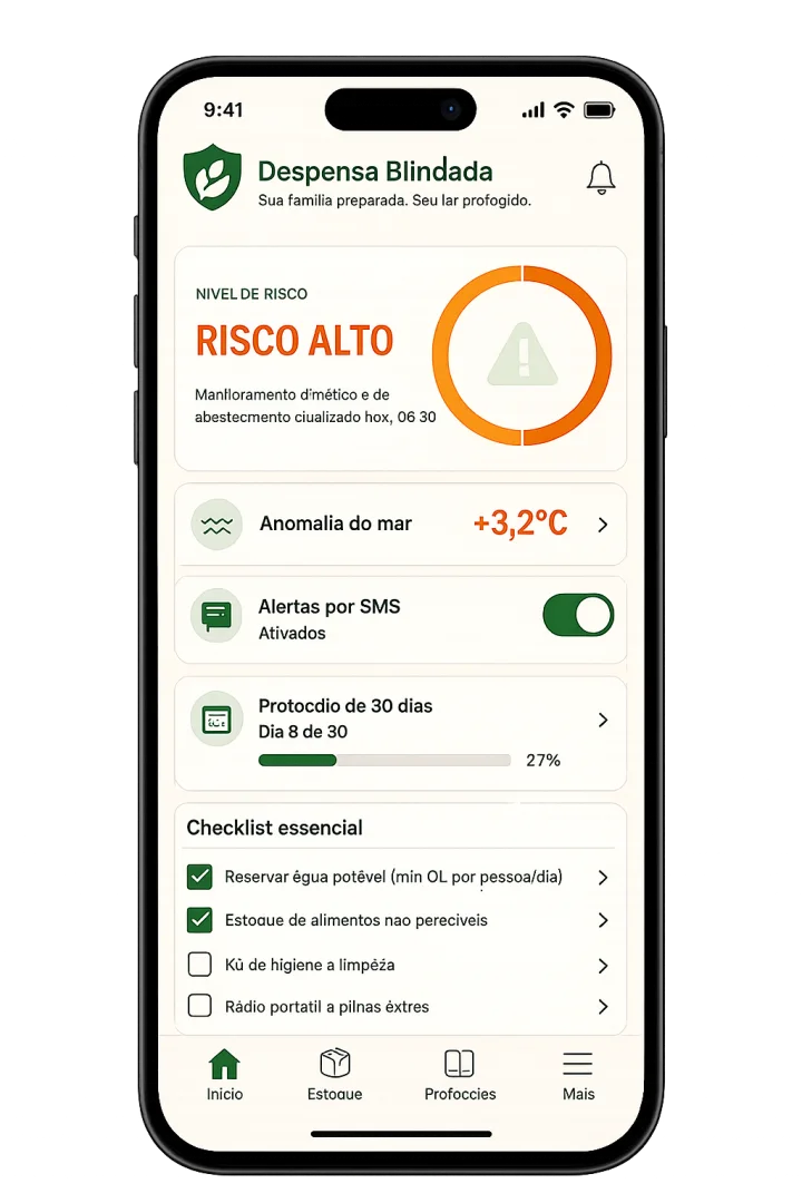 Tela do aplicativo Despensa Blindada: nível de risco, anomalia do mar, alertas por SMS, protocolo de 30 dias e checklist essencial